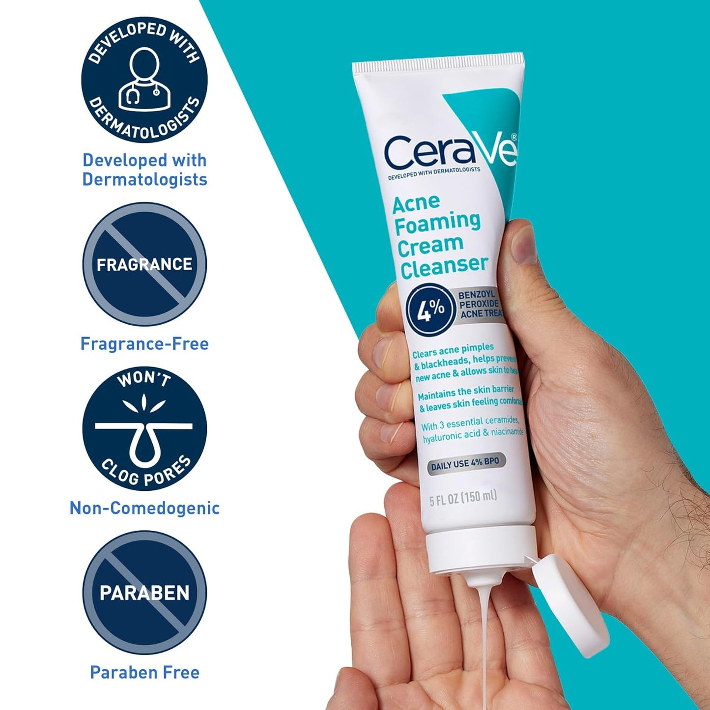 Acne Foaming Cream Cleanser with 4% Benzoyl Peroxide – Gentle Daily Face Wash